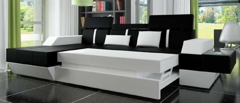 Designer Ecksofa Wohnlandschaft Sofa mit USB Couch Stoff Textil Leder Patentiert