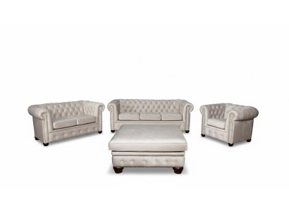 Chesterfield Sofagarnitur Couch Set 321+Hocker Sitz Polster Garnituren Textil