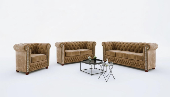 Klassische Edle Chesterfield Möbel Zweisitzer Couch Textil Sofa Design Braun