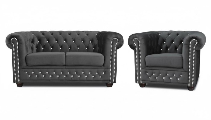 Chesterfield Textil Couch Polster 2Sitzer Stoff Sofas Couchen Zweisitzer Schwarz