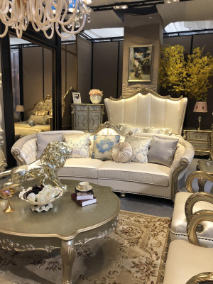 Rund Sofa Holz geschnitzte Viersitzer Couch Leder Chesterfield Wohn