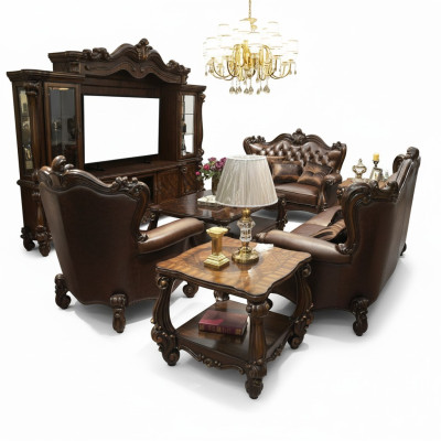 Sofagarnitur 321 Sitzer Sofa Couch Leder Garnitur Polster Set Holz Barock