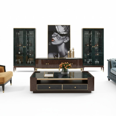 Design Wohnwand Sideboard 2x Vitrine rtv Lowboard Anrichte 3 tlg. Set