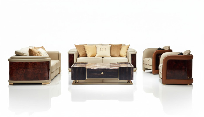 Luxus Wohnzimmer Garnitur 5tlg. Set Ledersofa Couch Polster Sofa
