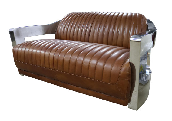 Sofa Vintage 2-Sitzer Ledersofa im Retro Stil Echtleder Aluminium Nieten Möbel
