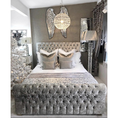 Chesterfield Bett Schlafzimmer Betten Textil 180x200cm Samt Big Hotel Grau Neu