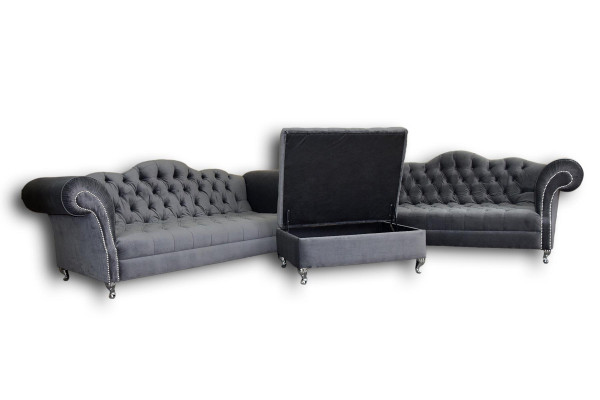 Sofagarnitur 3+2 Sitzers + Hocker Chesterfield Sofa Stoff Leder Couchen