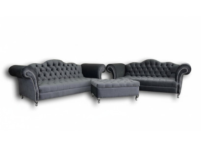 Sofagarnitur 3+2 Sitzers + Hocker Chesterfield Sofa Stoff Leder Couchen