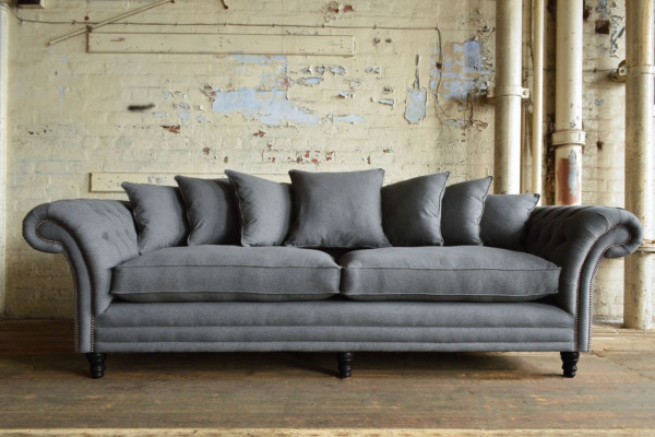 Klassische Chesterfield Couch 4 Sitzer Sofa Couch Samt Leder Design Grau 265cm