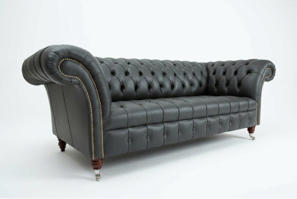 Grauer Chesterfield Leder Dreisitzer Designer 3-er Couch