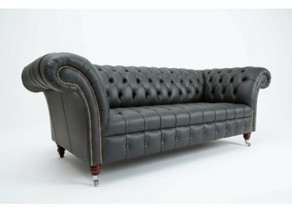Grauer Chesterfield Leder Dreisitzer Designer 3-er Couch
