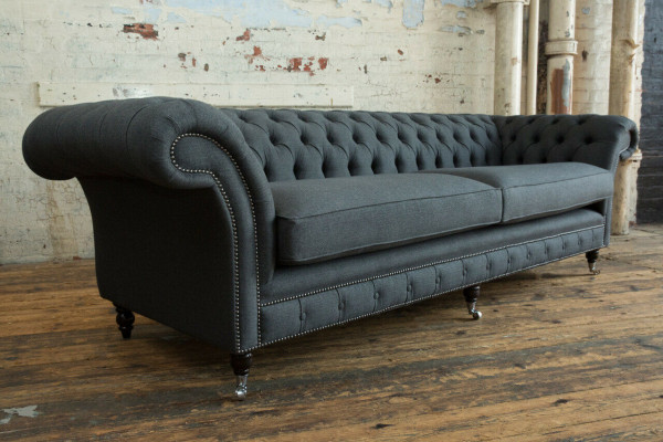 Original Chesterfield Textil Leder Sofa Couch Polster Big Sitzpolster Grau 265cm