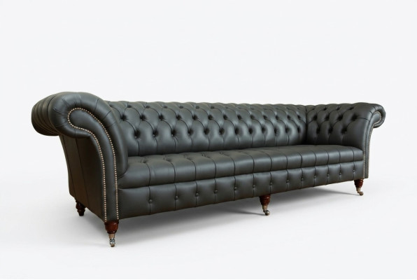 Grauer Chesterfield 4 Sitzer Big Sofa Couch Textil Leder Polster Sofas