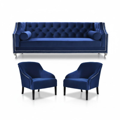 Blaue Chesterfield Sessel Blau xxl Textil Stoff Couchen Gruppe Möbel Garnitur