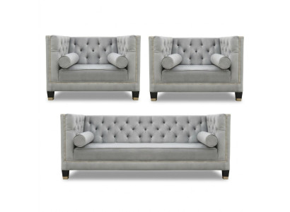 Sofagarnitur Grau Chesterfield Sessel Luxus Möbel Textil Stoff Wohnzimmer Neu