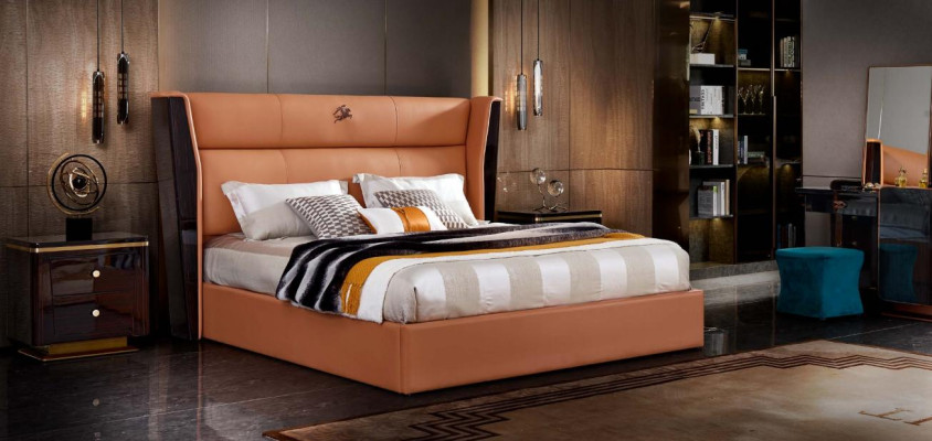 Bett Leder Orange Schlafzimmer Kreative Modern Design Möbel Holz Luxus Betten