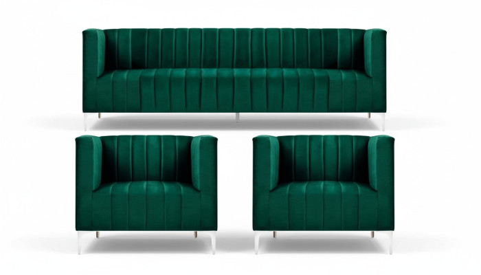 Sofagarnitur Dreisitzer Stoff Wohnzimmer Samt Design Grün Sofa 2 Sessel Gruppe