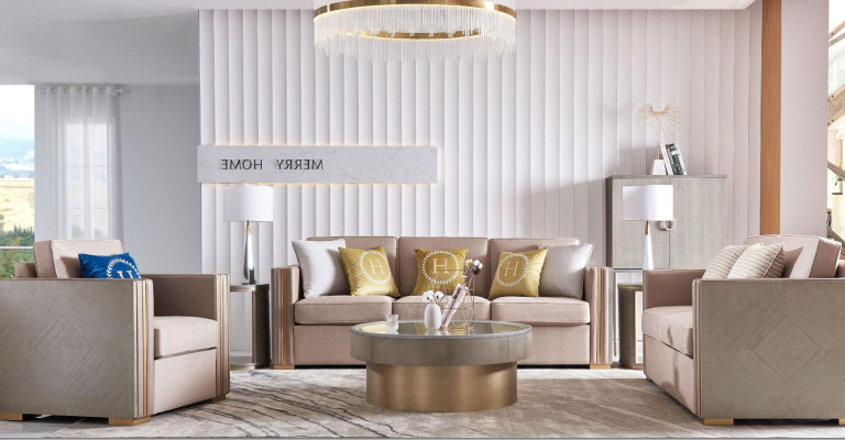 Designer Couch Sitz Polster 3+1 Sitzer Beige Edelstahl Garnitur Sofa Samt Neu