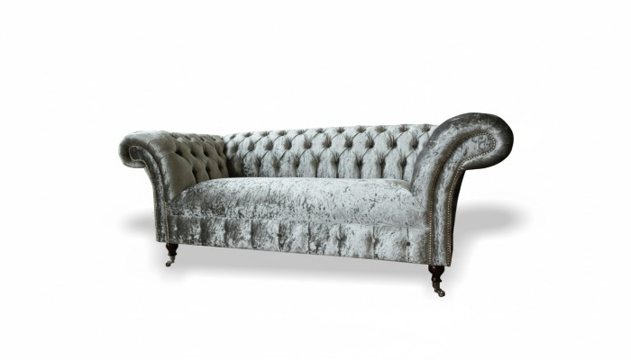 Sofa 2 Sitzer Chesterfield Couch Polster Samt Stoff Zweisitzer Samt Grau Silber