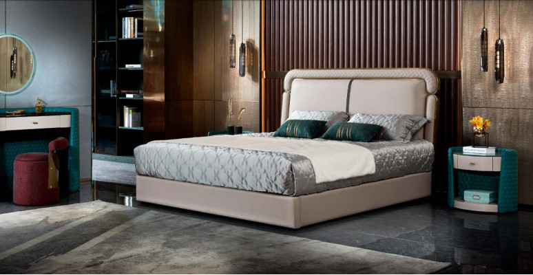Bett Schlafzimmer Beige Doppelbett Lederbett Modern Design Möbel Holz
