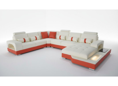 Ecksofa Leder Sofa Couch Polster Eck Sitz Wohnlandschaft U-Form Cream Orange Neu