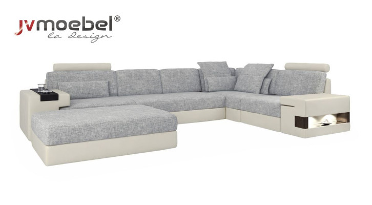 Sofas Ecksofa Leder Wohnzimmer Holz Bereich Hocker moderne L Form NEU Set