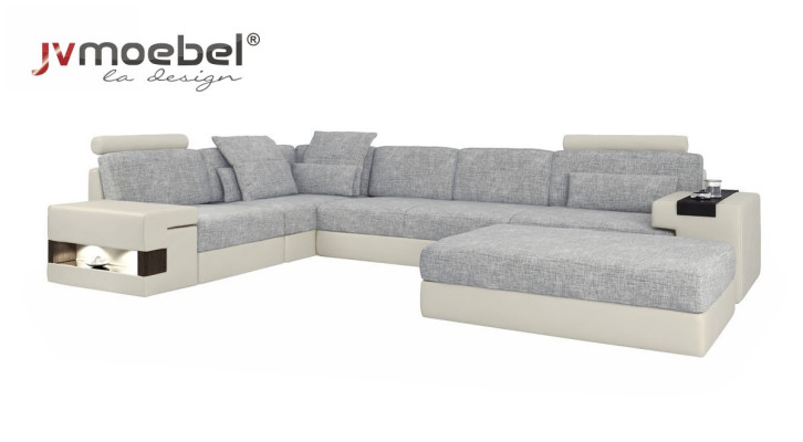 Sofas Ecksofa Leder Wohnzimmer Holz Bereich Hocker moderne L Form NEU Set