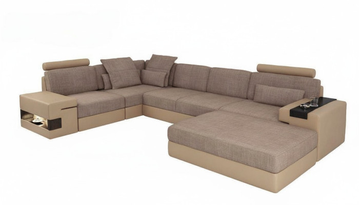 Sofas Ecksofa Leder Wohnzimmer Holz Bereich Hocker moderne L Form NEU Set