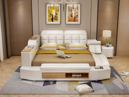 Design Leder Betten Hotel Doppel Multifunktions Bett Bluetooth Boxen Luxus