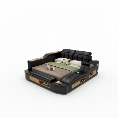 Design Leder Betten Hotel Doppel Multifunktions Bett Bluetooth Boxen Luxus
