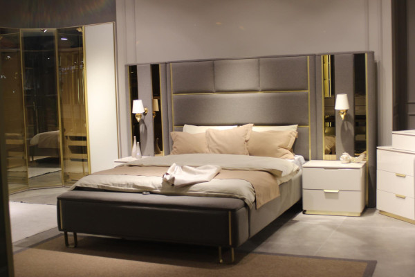 Luxus Schlafzimmer Set Bett + 2x Nachttische Kommode Kleiderschrank Holz Neu