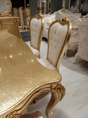 Klassisch Esstisch + 6x Stühle + Anrichte mit Spiegel Gold Holz Kommode Neu