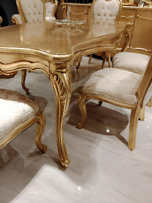 Klassisch Esstisch + 6x Stühle + Anrichte mit Spiegel Gold Holz Kommode Neu