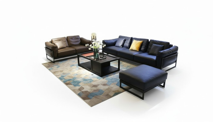 Exklusive Sofagarnitur 3+2 Sitzer Leder Hocker Polster Wohnzimmer Garnitur