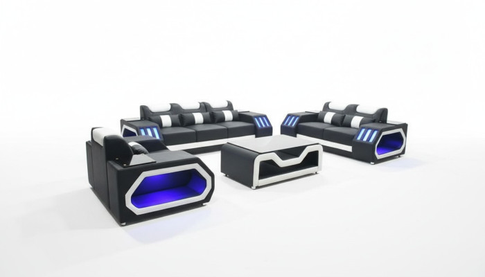 Sofagarnitur Couch Set 3+2+1 + Tisch Ledersofa Sitz Beleuchtete Design Polster