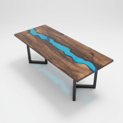 Epoxid Harz Fluss Tisch Echtes Massiv Holz Blau Wasser Tissche Epoxy Möbel Neu