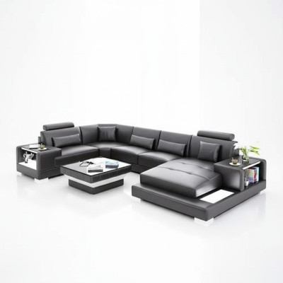 Ecksofa Wohnlandschaft Eckcouch Couchtisch Sofa U-Form Ledersofa Couch 2tlg. Neu