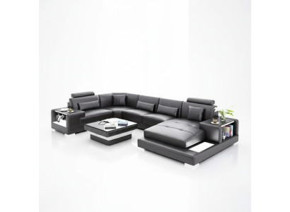 Ecksofa Wohnlandschaft Eckcouch Couchtisch Sofa U-Form Ledersofa Couch 2tlg. Neu