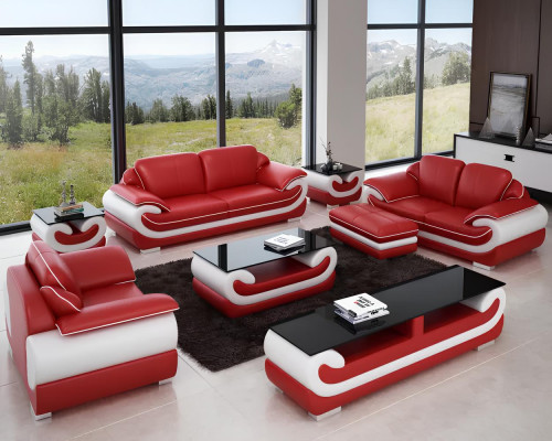 Klassische Ledersofa Garnitur Komplett Set 8 tlg. Wohnzimmer Set Tisch Hocker