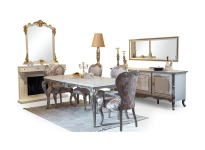 Esszimmer Set 7tlg. Esstisch 4x Stühle Kommode Spiegel Gruppe Garnitur Weiß Neu