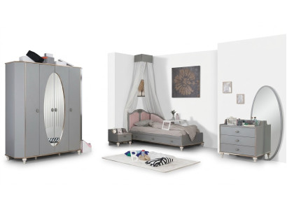 Jugendzimmer Set Bett Kleiderschrank Nachttisch Kommode mit Spiegel Möbel 4tlg