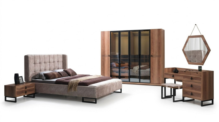 Schlafzimmer Set 5tlg. Luxus Bett 2x Nachttisch Kommode Kleiderschrank Holz Neu