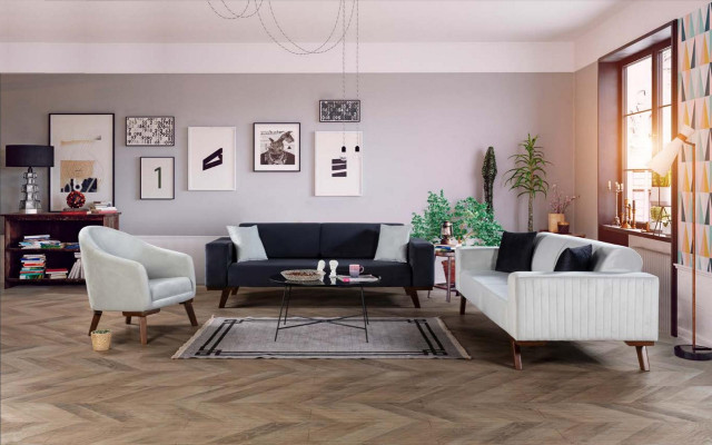 Schwarz Sofa 3 Sitzer Polster Couch Wohnzimmer Holz Möbel