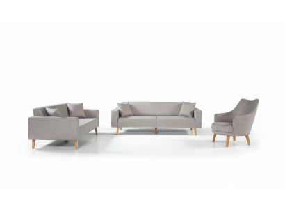 Sofa Couch Polster Sitz 3+3+1 Sitz Garnitur Design Holz Sofas Beige Sitzpolster