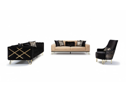 Sofagarnitur Schwarz Sofa 3+3+1 Sitzer Sessel Elegantes Metall Samt
