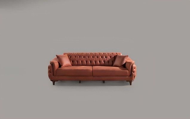 Orange Chesterfield Couch Dreisitzer Sofa Möbel Samt Holz Sitzpolster