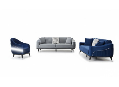 Sofagarnitur 3+3+1 Sitz Sofas Polster Couchen Holz grau blau Samt