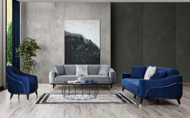 Blaue Design Couch Dreisitzer Luxus Sofa Samt Möble Stoff Textil
