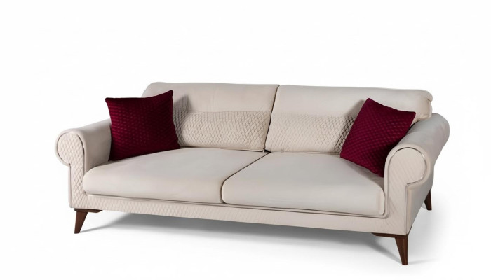 Dreisitzer Sofa 3 Sitzer Stoff beige Couch Sofa große Polster Holz Designer neu