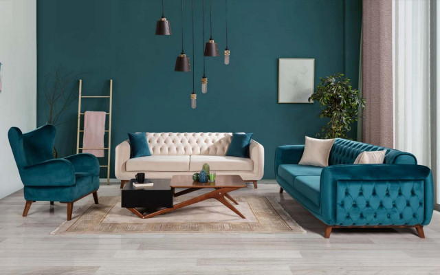 Dreisitzer Sofa Gepolsterte Couch Stoff Möbel Beige weiß Samt